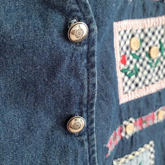 Vintage Denim Quilted Patchwork Floral Embroidered 90s Y2K Vest Jacket - Picture 8 of 9